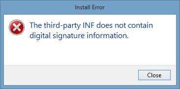 The third-party INF does not contain digital signature information